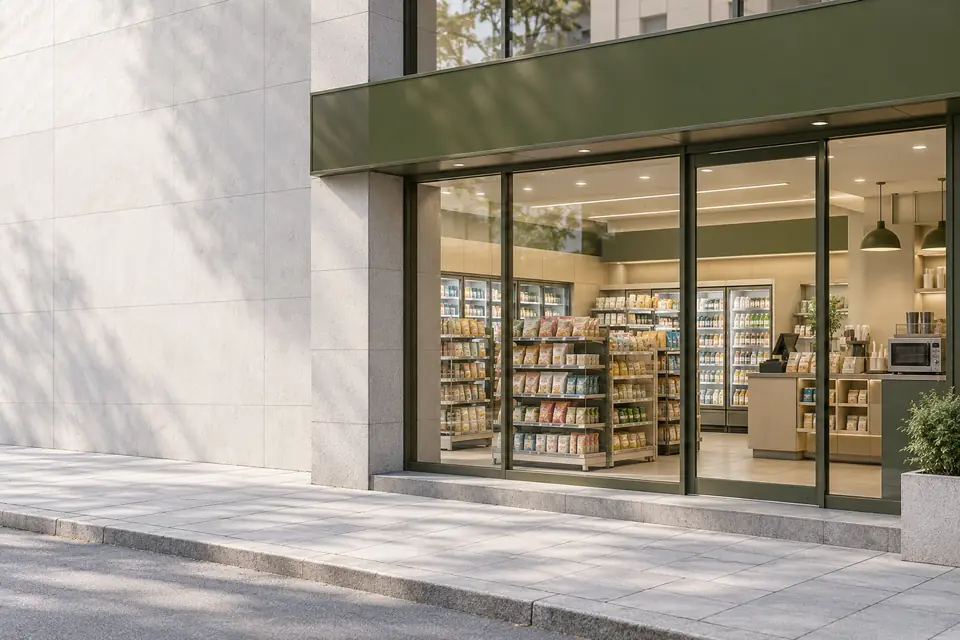 AI-generated example image: a fictional small convenience store on a quiet street, seen through its glass front, with an olive fascia, shelves of unbranded packages, a counter and a microwave corner. Not a real store.